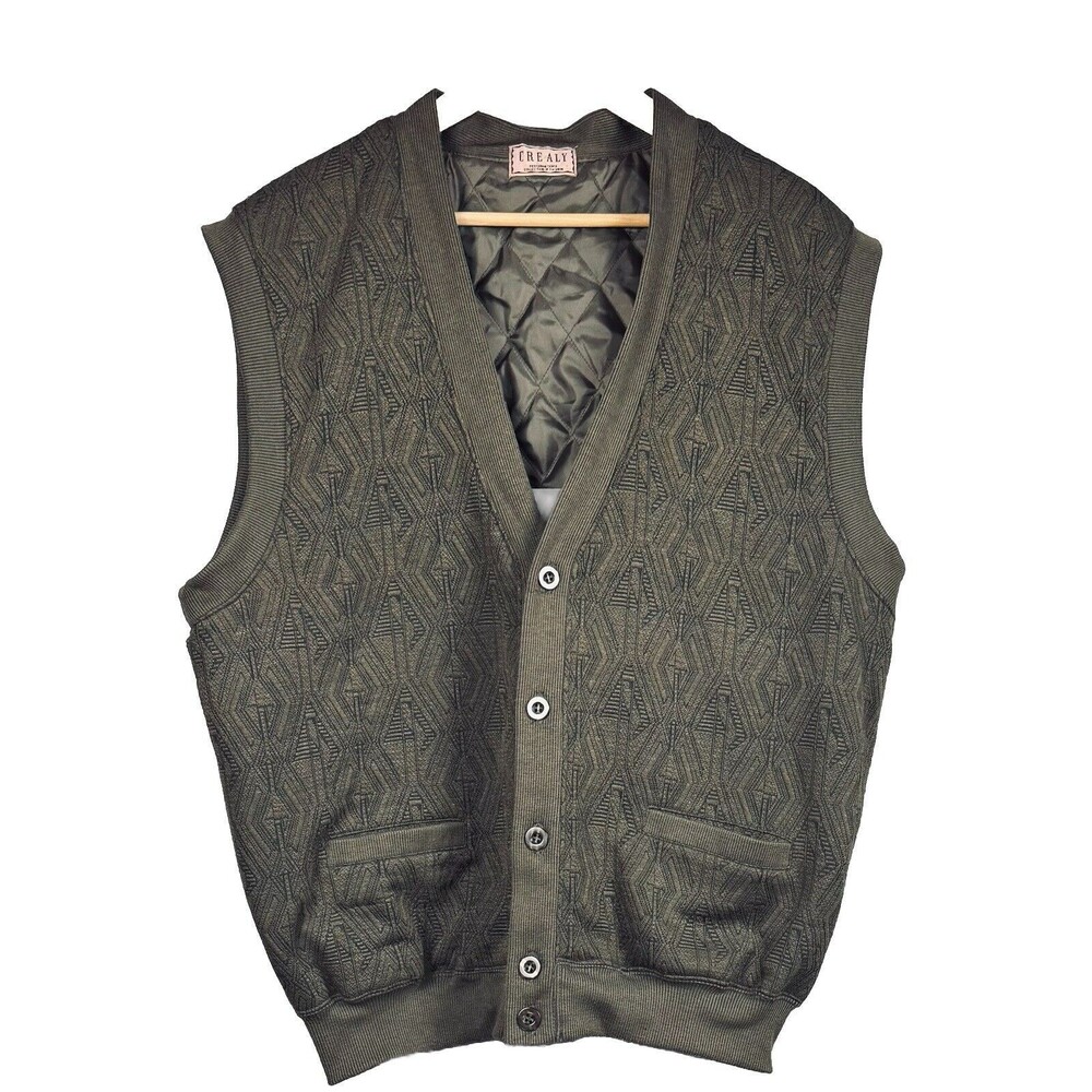 Vintage Crealy Sweater Vest Mens Quilted Lining Pockets Large Olive Green Golf